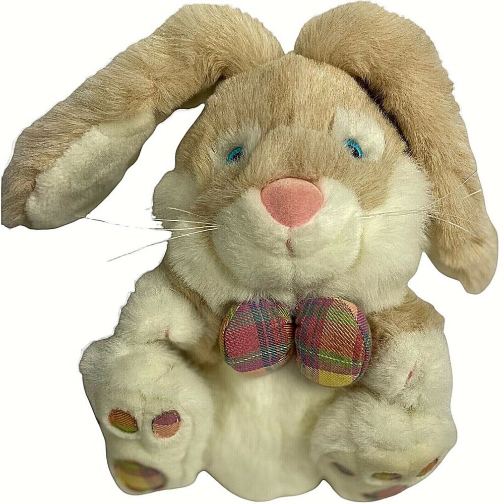 SKM Beige Bunny Rabbit Plush Easter stuffed animal Plaid Feet and bow 10"